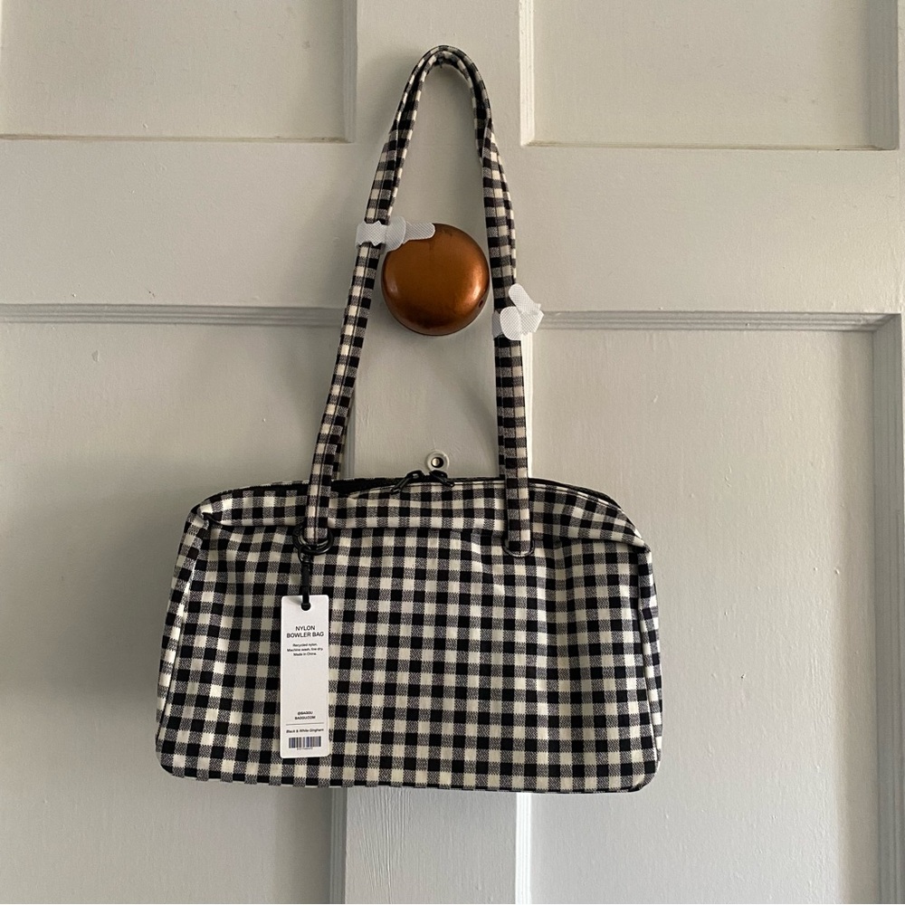 BAGGU Nylon Bowler Bag in Black & White Gingham NWOT